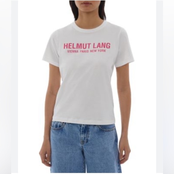 Helmut Lang Cotton Logo Women’s Baby Tee NWT Short Sleeves Cream Shocking Pink - Picture 3 of 13